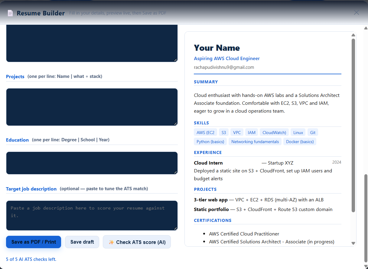 SV Technologies LMS resume builder tool